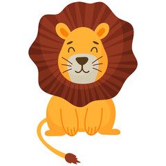 Cute Lion Sitting - Vector Illustration. Adorable character sitting with a happy expression, have a large brown mane, closed eyes. Perfect for children's books, nursery decor, educational materials