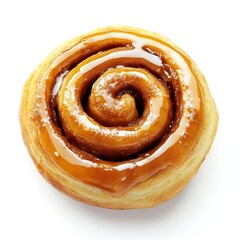Fototapeta premium Sweet cinnamon roll with a caramel glaze, perfect for breakfast or a snack. Golden-brown pastry swirls.