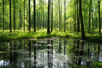 Obraz premium Lush forest with a tranquil pond. Sunlight filters through the canopy, illuminating the dense trees and reflecting in the still water of a marsh