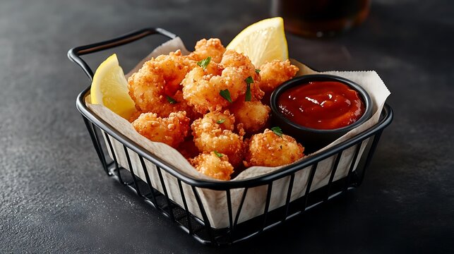 Crispy Popcorn Shrimp Basket Bite-sized crispy shrimp served with zesty cocktail sauce and lemon wedges