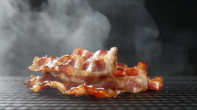 Deliciously cooked bacon strips emitting steam, showcasing their crispy texture and savory appeal, perfect for breakfast or gourmet dishes.