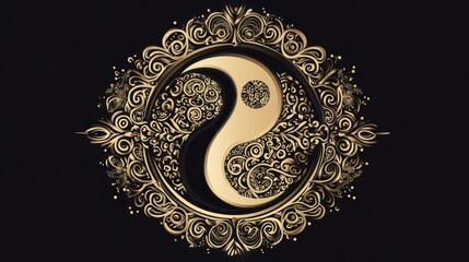 The yin yang symbol with ornamental golden flourishes decorates space