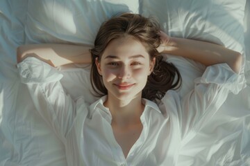 Dreaming girl lying on white bed with big pillows, spreading elbows to stretch arms, not willing to wake up fast, enjoying free time at weekend