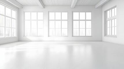 Fototapeta premium Bright White Empty Room with Large Windows and City View in Modern Minimalist Style Perfect for Gallery or Studio Space