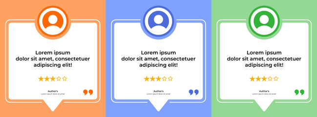 Three customer review cards with different colors.
