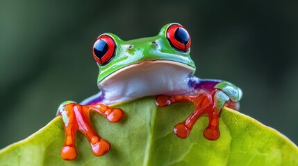 Naklejka premium A vibrant green tree frog with stunning red eyes sitting
