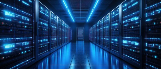 Fototapeta premium Futuristic data center with illuminated servers and cables