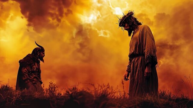 Two powerful figures stand facing each other amidst a backdrop of swirling clouds and fiery tones, representing a timeless struggle between darkness and light during a pivotal moment.