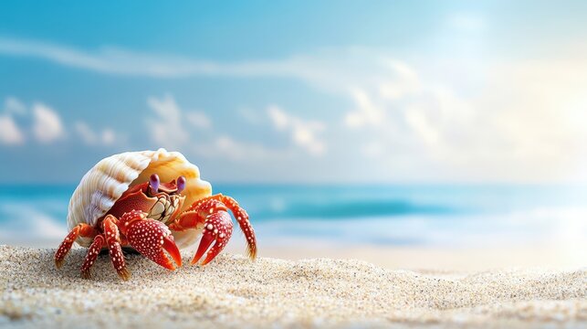 A vibrant red hermit crab emerges from a seashell on the beach