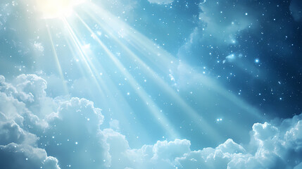 Divine mystical angelic blue background with cloudy sky rays of light and stars. Mystical Rays. Illustration