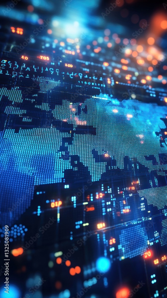 Poster digital world map display with glowing data connections