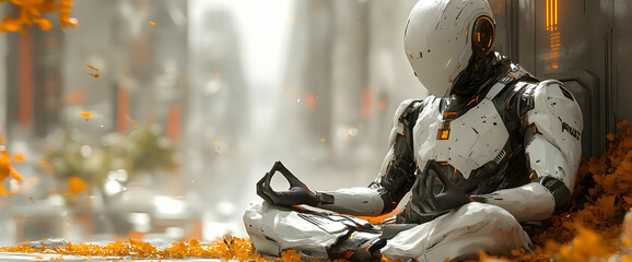 Naklejka premium Stylish Futuristic Robot Meditating In Orange Haze