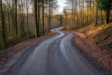 Fototapeta premium Winding dirt road through a winter forest. Sunlight filters through the trees