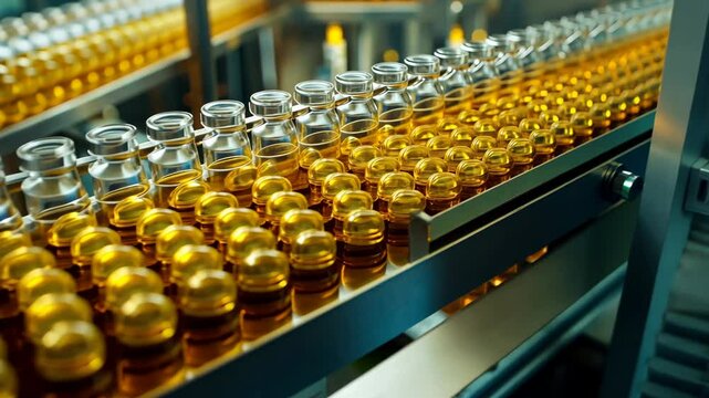 Automated factory bottling process of liquid in glass containers with precision and efficiency