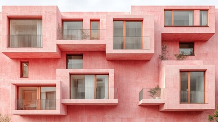 Fototapeta premium Pink apartment building exterior with balconies, modern architecture