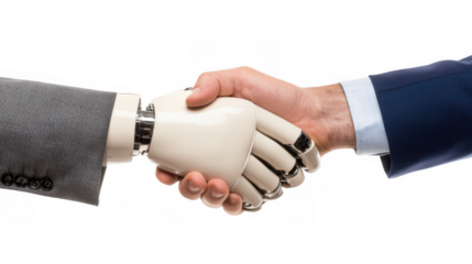 Human and robotic hand shaking to symbolize collaboration and partnership in technology and innovation fields