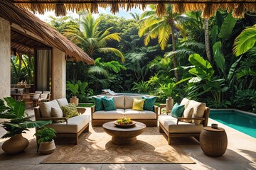 Serene Outdoor Tropical Escape with Vibrant Jungle and Oceanic Breeze