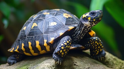 Obraz premium A beautiful speckled tortoise resting on a rock, showcasing its vibrant colors and unique pattern.