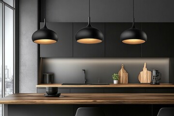 Three modern black pendant lights illuminate a sleek kitchen island.