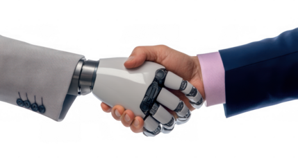 Collaboration between human and robot represented by a handshake in a professional setting with a transparent background