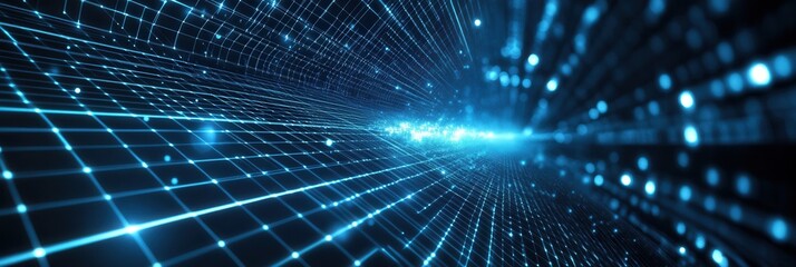 Futuristic digital grid with holographic effects showcasing a high-tech interface in blue and silver tones for innovative projects and designs