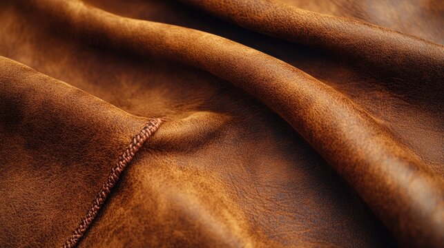 Close-up of rich, textured brown leather fabric showcasing deep hues and softness