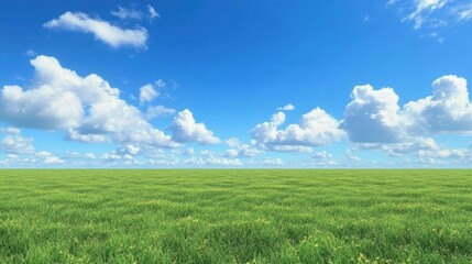 Obraz premium Blue sky with puffy white clouds above a grassy field