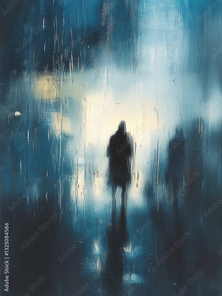 Poster melancholic reflection with raindrops and a solitary figure in soft blue and gray hues during an ove