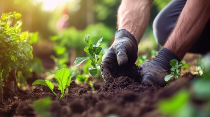 Closeup view of hands of gardener working in field planting flowers.