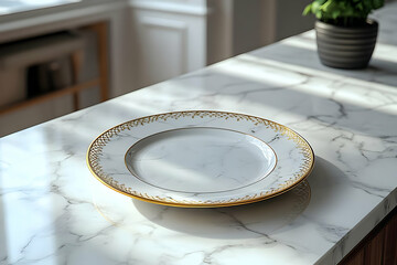 Empty Decorative Gold Rimmed Plate On Marble Countertop