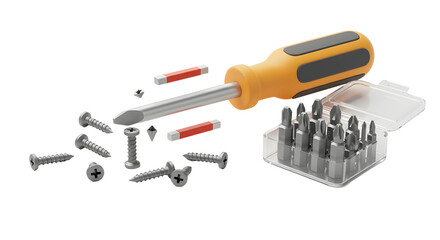 Fototapeta premium Screwdriver with Magnetic Screws and Bits on White Background