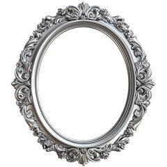 Oval silver frame with a decorative pattern, cut out. Isolated on a transparent background.