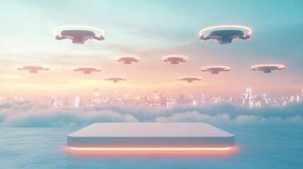 Fototapeta premium Futuristic drones above a cityscape at sunset.