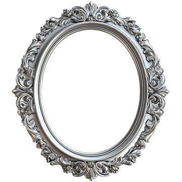 Oval silver frame with a decorative pattern, cut out. Isolated on a transparent background.