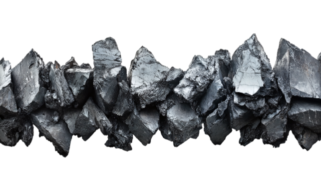 Row of jagged coal chunks, cut out. Isolated on a transparent background.