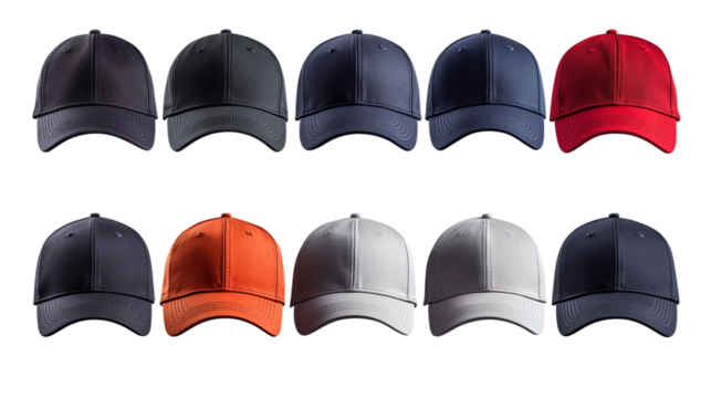 Set of baseball caps, cut out. based on generative ai. Isolated on a transparent background.