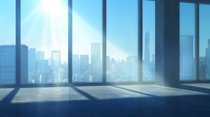 Fototapeta premium Minimalist office space with bright urban skyline view.