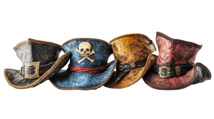 Set of pirate hats, cut out. Isolated on a transparent background.
