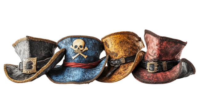 Set of pirate hats, cut out. Isolated on a transparent background.