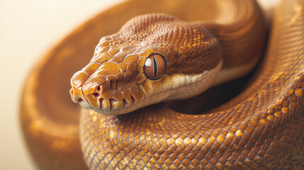 Fototapeta premium A breathtaking portrait of a coiled copper and bronze python, its muscular body forming elegant curves, with a striking gaze directed toward the viewer