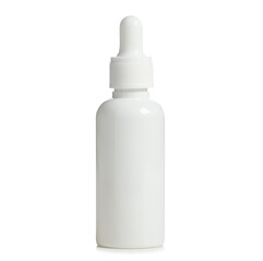 White dropper bottle, cosmetic bottle on white background isolation