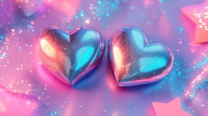 Fototapeta premium Two metallic hearts resting on a shimmering pink background of love