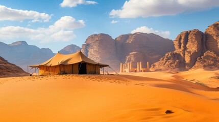 Serene Desert Landscape with Bedouin Tent and Ruins