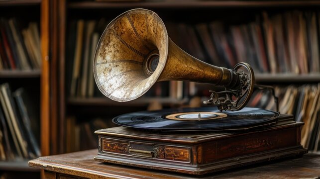 An antique phonograph rests on a wooden table beside bookshelves
