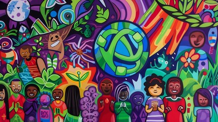Artful digital painting depicting Earth Day celebration with bold colors abstract eco symbols diverse community figures and a harmonious blend of natural elements that evoke sustainability and unity