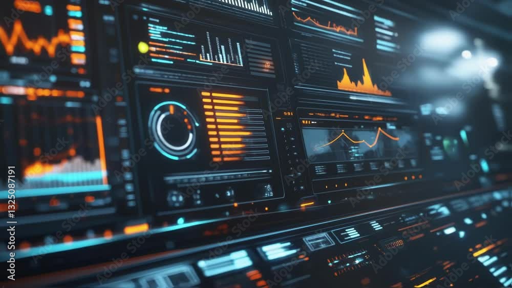 Poster futuristic control panel featuring complex data analysis, graphs, and key performance indicators on 