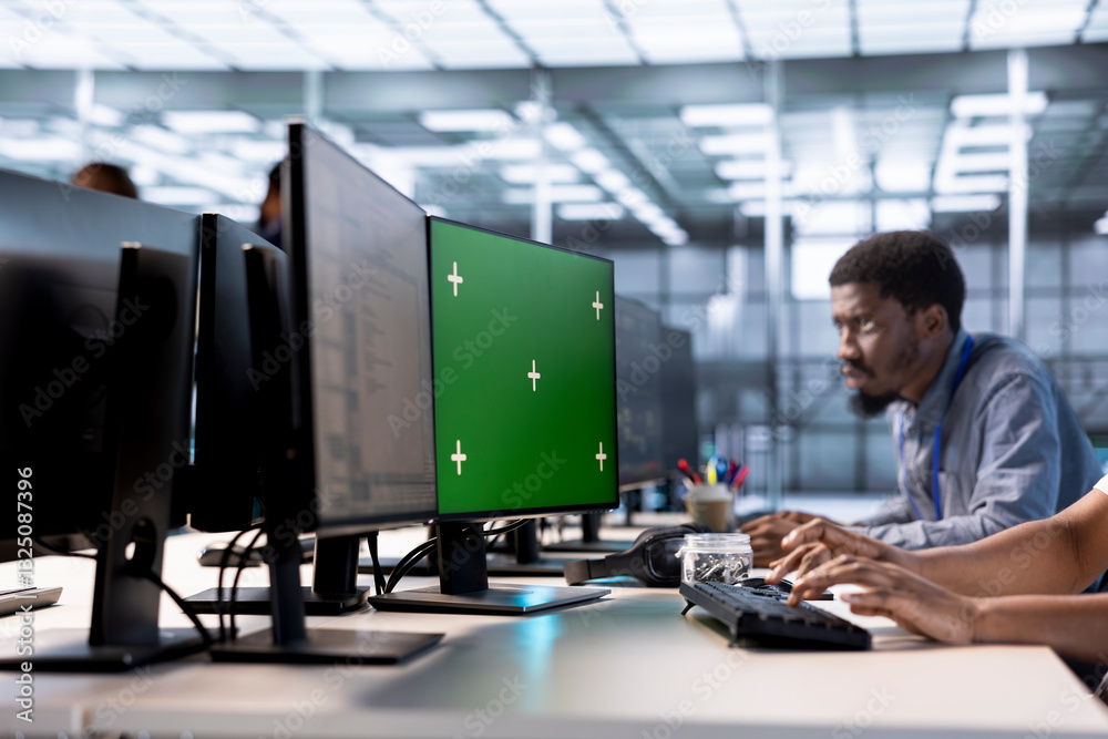 Poster engineer in server hub ensuring data remains shielded from potential threats using green screen pc. 