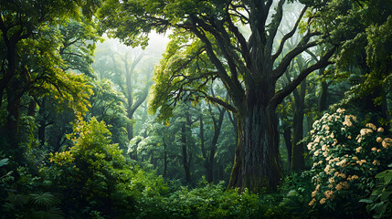 Fototapeta premium Lush Green Forest Canopy With Sunlight Filtering Through Dense Trees And Undergrowth Pixel Art
