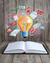 An open book with a glowing light bulb above, surrounded by colorful doodles of letters and envelopes, symbolizing creativity and communication. joy amazement creativity
