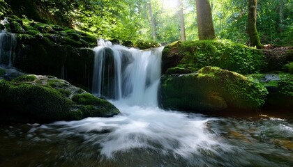 tranquil waterfall cascading over rocks in a lush forest setting
